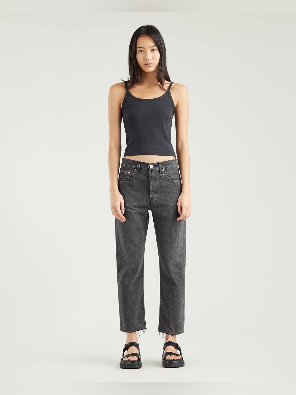 Levi’s Jeans Womens 32 501 Crop Jean Washed Black Button Fly Raw Hem
